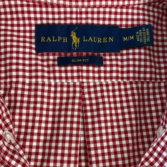 Ralph Lauren Slimfit Red Gingham Check Button Down Shirt Medium Polo Logo Cotton - Picture 3 of 6